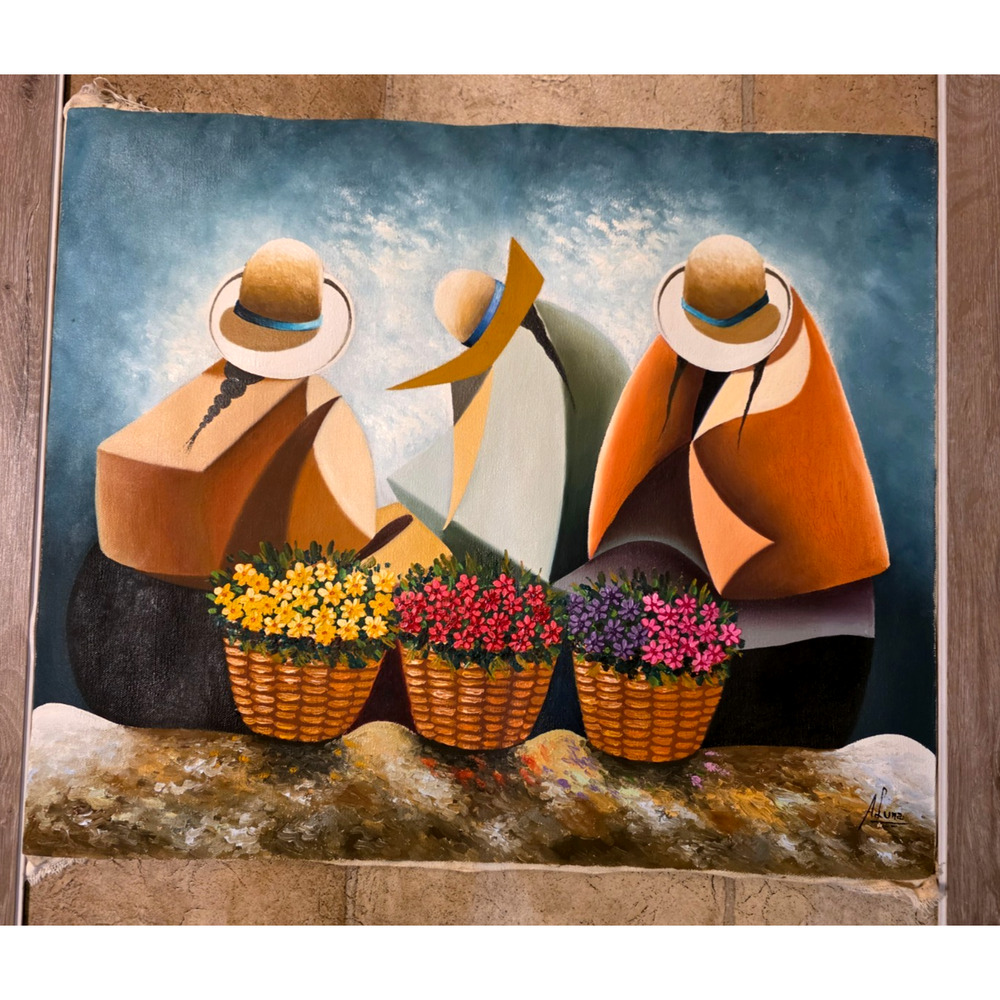 Peruvian Cubism Painting On Canvas Signed A Luna 24" x 19 1/2" Flower Shop